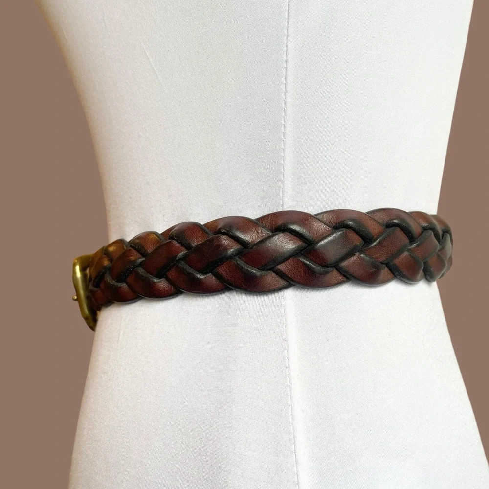 Brown Braided Leather Belt Square Buckle Chunky 90s Size L